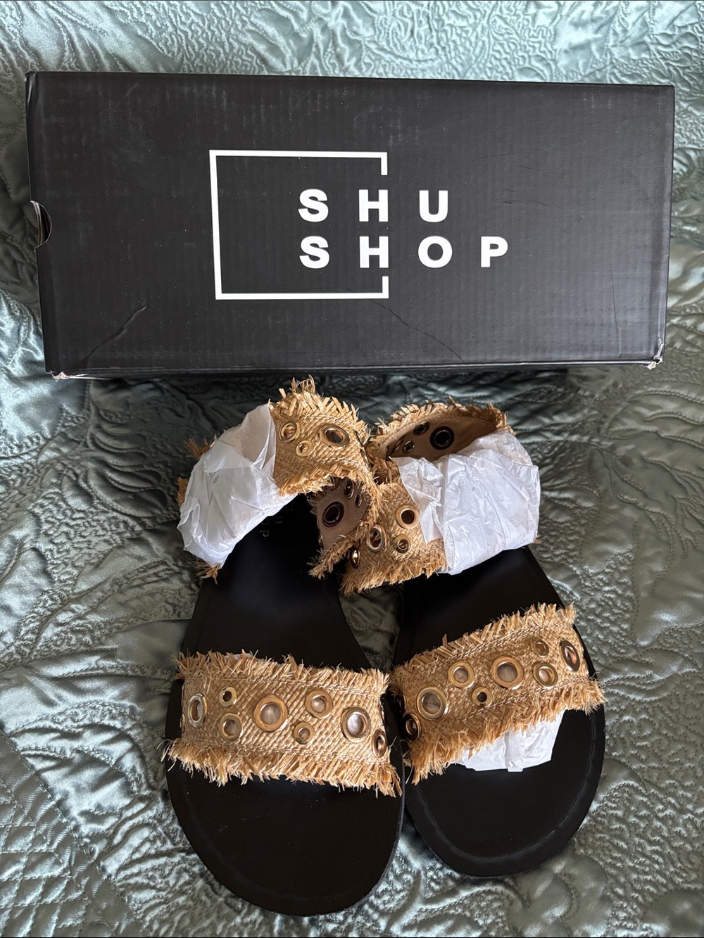 ShuShop Tan Fringed Eyelet Slide Sandals with Black Footbed